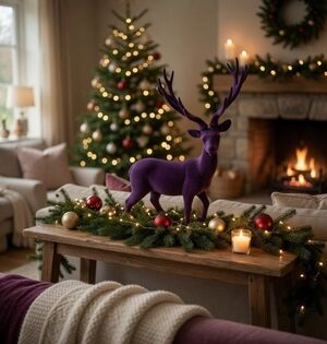 Large Purple Velvet Flocked Reindeer Deer Christmas Statue 18" Tall Figurine NIB